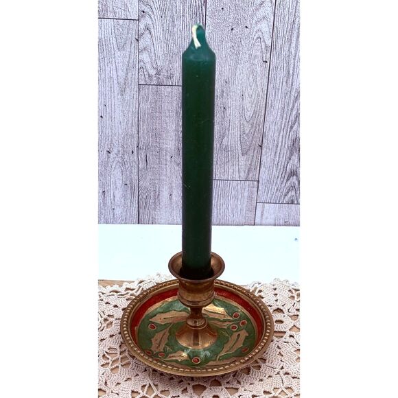 Vintage Enameled Brass Candle Holder Holly Berry Red Green - Picture 2 of 6